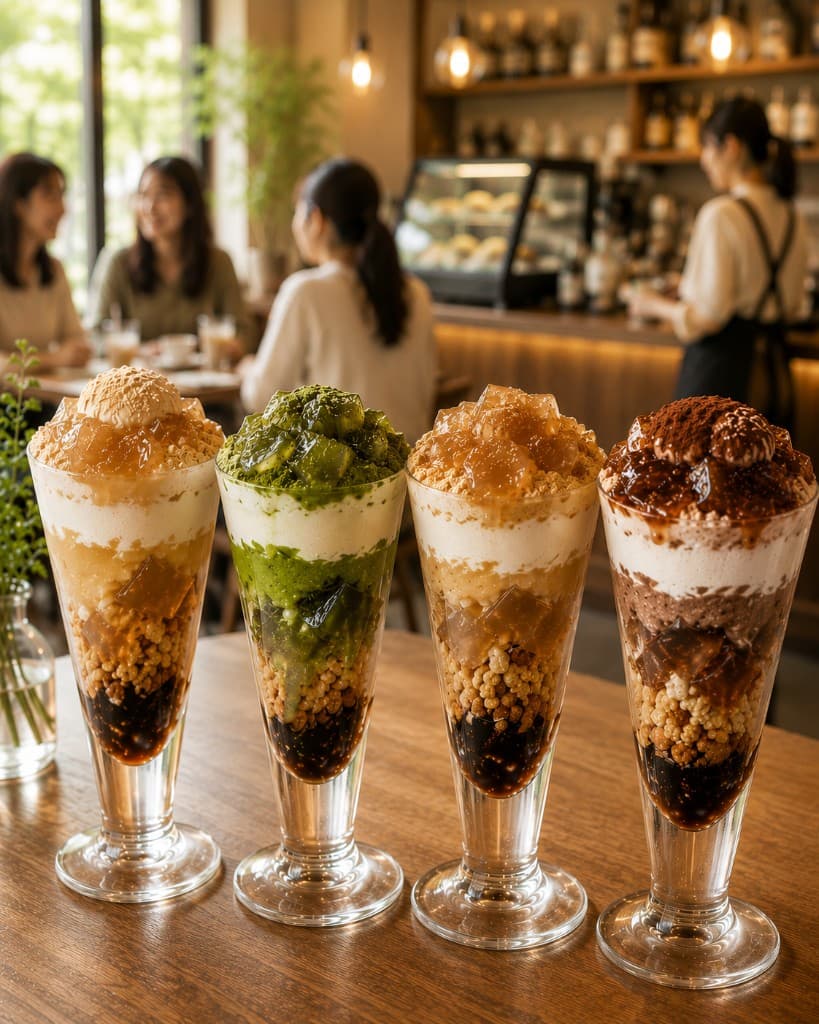 カフェの木製テーブルに並ぶ4種のパフェ。きなこ・抹茶・わらび餅・ココアなど、ガラスカップに層を重ねた提供イメージ。