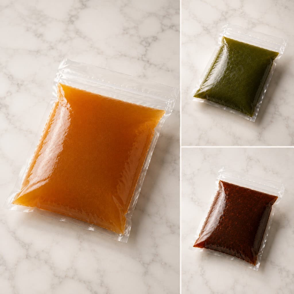 業務用大袋の真空パック。和三盆・抹茶・黒糖など複数の味のペースト製品写真のコラージュ。