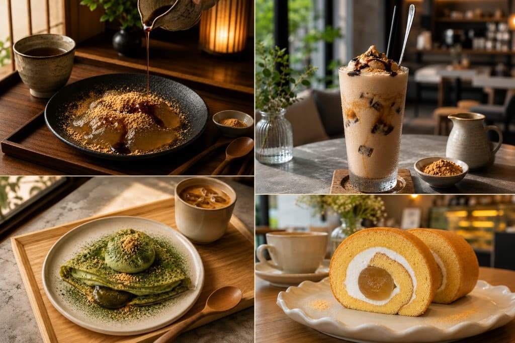 奈幸庵の生わらび餅の提供イメージ。定番の皿盛り、ドリンク、抹茶スイーツ、ロールケーキなど多様なアレンジ例のコラージュ。