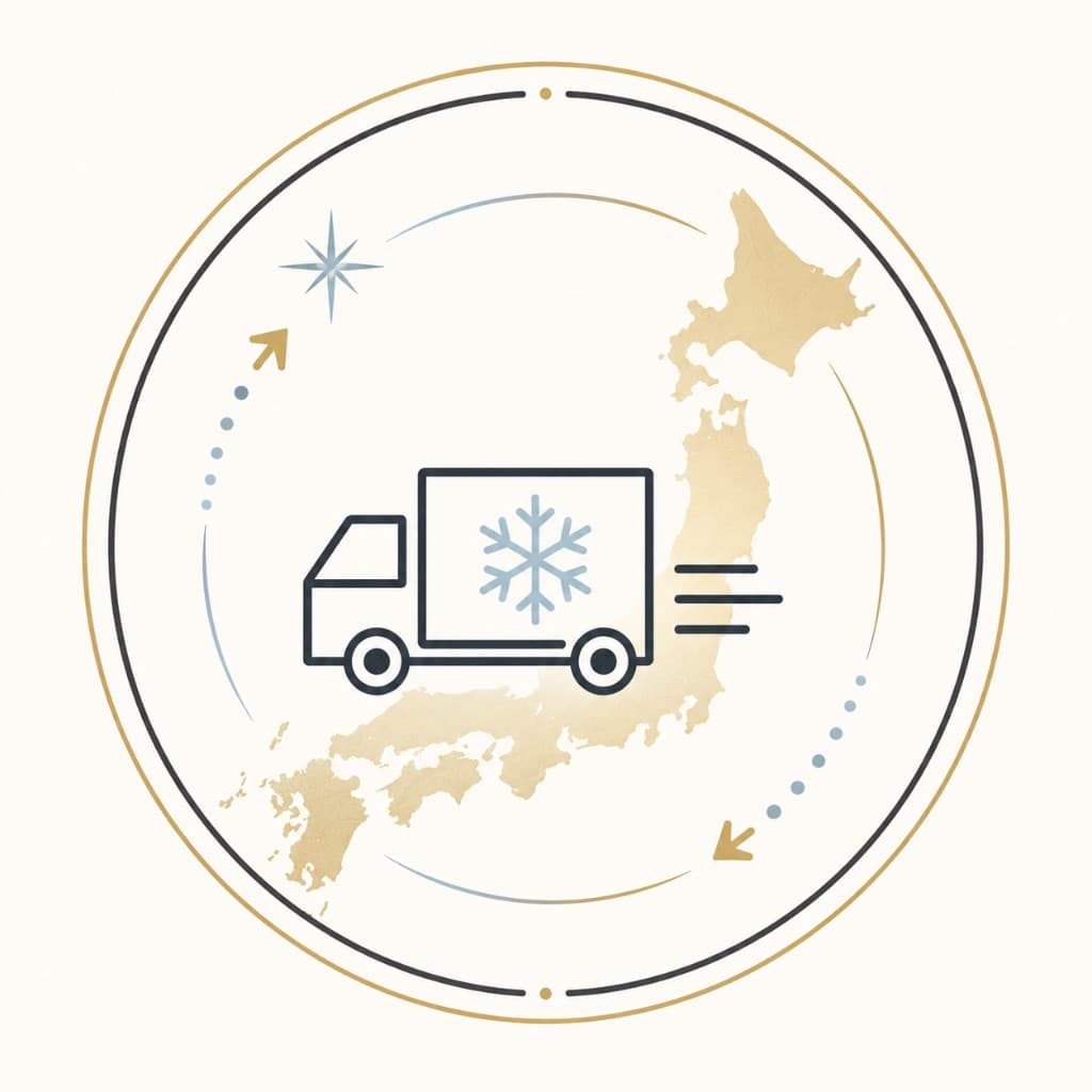 全国冷凍・冷蔵配送のイメージ。日本列島と冷凍トラック、矢印で全国への届け先を示した円形の図解。